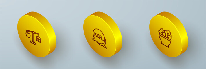 Set Isometric line Calorie calculator, Kcal and Salad in bowl icon. Vector