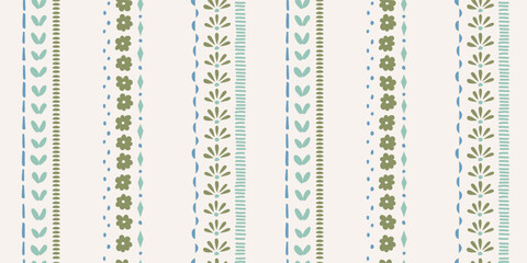 Seamless pattern with ink doodle abstract flowers and strokes in vertical stripes. Trendy cottage core background. Hand drawn vector illustration. Boho, beach, preppy wallpaper.