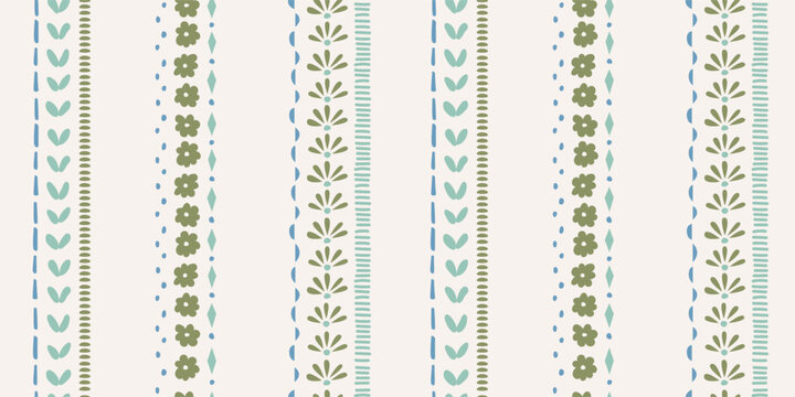 Seamless pattern with ink doodle abstract flowers and strokes in vertical stripes. Trendy cottage core background. Hand drawn vector illustration. Boho, beach, preppy wallpaper.