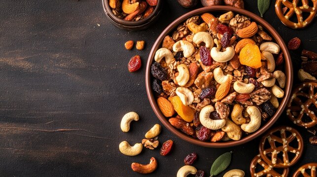 Snack mix with roasted cashews, pretzels, and dried fruits in a party bowl on a table