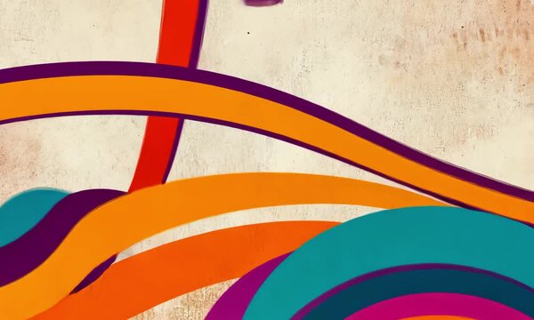 Retro style abstract background with curved lines and circles in orange, purple, teal, and yellow. Groovy design with a vintage vibe, creating a dynamic and colorful pattern.