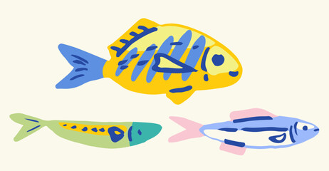 Set of Hand drawn ink vector fish illustration. Conceptual, naive marine sketch.  Element for poster, social media, banners, invitation. Trendy abstract sardine collection.