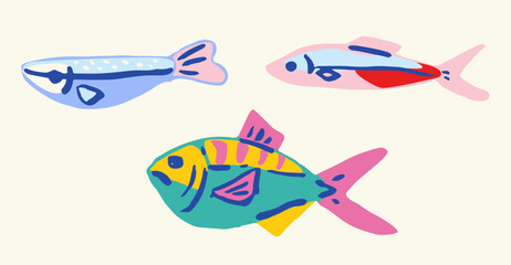 Fototapeta premium Set of Hand drawn ink vector fish illustration. Conceptual, naive marine sketch. Element for poster, social media, banners, invitation. Trendy abstract sardine collection.