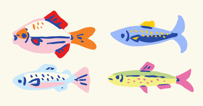 Set of Hand drawn ink vector fish illustration. Conceptual, naive marine sketch.  Element for poster, social media, banners, invitation. Trendy abstract sardine collection.