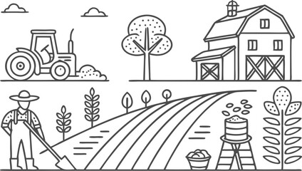 Fototapeta premium Farmer icons set. Outline set of farmer vector icons for web design isolated on a seamless vector doodle illustration in black and white background.