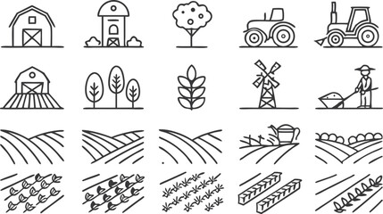 Obraz premium Farmer icons set. Outline set of farmer vector icons for web design isolated on a seamless vector doodle illustration in black and white background.