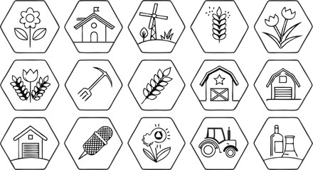 Farmer icons set. Outline set of farmer vector icons for web design isolated on a seamless vector doodle illustration in black and white background.