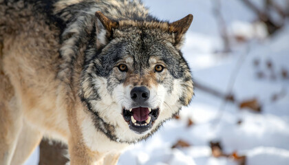 Obraz premium Grey Wolf in Snowy Forest Closeup