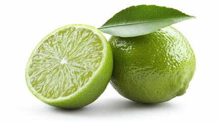 Ripe lime cut in half with leaf, isolated on white