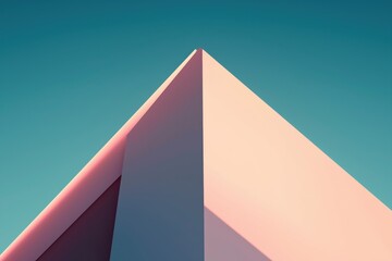 Abstract geometric composition with three-dimensional pink and purple triangle on teal background