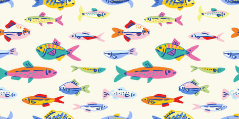 Seamless pattern with Hand drawn ink vector fishes. Conceptual, naive marine sketch.  Element for poster, social media, banners, invitation, textile design. Trendy abstract sardine background.