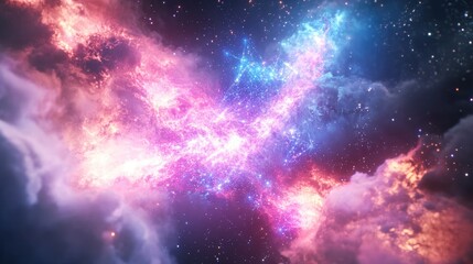 Naklejka premium Cosmic nebula with vibrant pink and blue hues, swirling gas clouds, and bright stellar energy