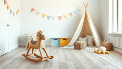 Children's playroom in scandinavian style. Children's toys. Light interior of the room