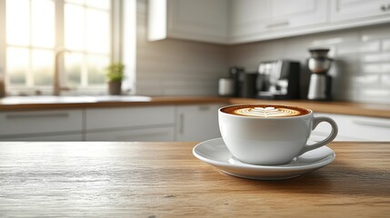 Coffee Cup on Kitchen Countertop with Decorative Latte Art