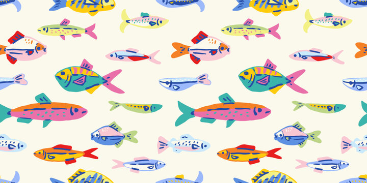 Seamless pattern with Hand drawn ink vector fishes. Conceptual, naive marine sketch.  Element for poster, social media, banners, invitation, textile design. Trendy abstract sardine background.