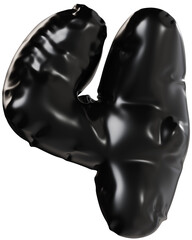 3D Black inflatable number 4 with a glossy plastic effect, inflated balloon style typography for trendy futuristic design