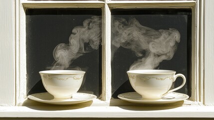 Steaming Teacups by Window with White Frame Creating a Cozy Atmosphere