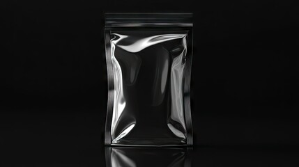 Transparent pouch mockup with ziplock seal, empty and upright, on a reflective black surface
