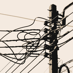 Illustration of Tangled Power Lines on a Utility Pole, Urban Wire Patterns Against the Sky