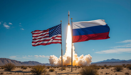 American and Russian Flags Waving Against Blue Sky with a Rocket Launching Over a Rugged Desert Landscape