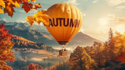 Animated landscape of yellow hot air balloon with the word AUTUMN floating over a bright autumn forest with orange and yellow leaves and mountains in the background - Powered by Adobe