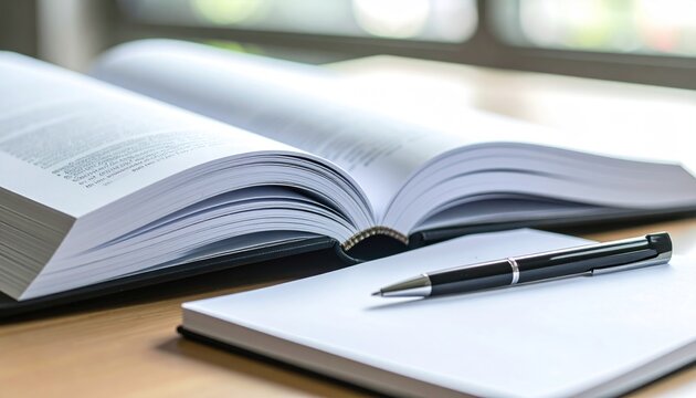 Open book with a pen and notebook resting upon a wooden desk, window in background