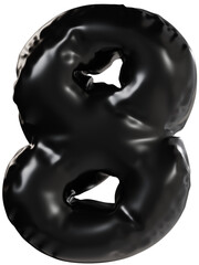 3D Black inflatable number 8 with a glossy plastic effect, inflated balloon style typography for trendy futuristic design