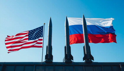 American and Russian Flags Rippling in the Wind Above Four Modern Black and Silver Rockets Ready for Launch