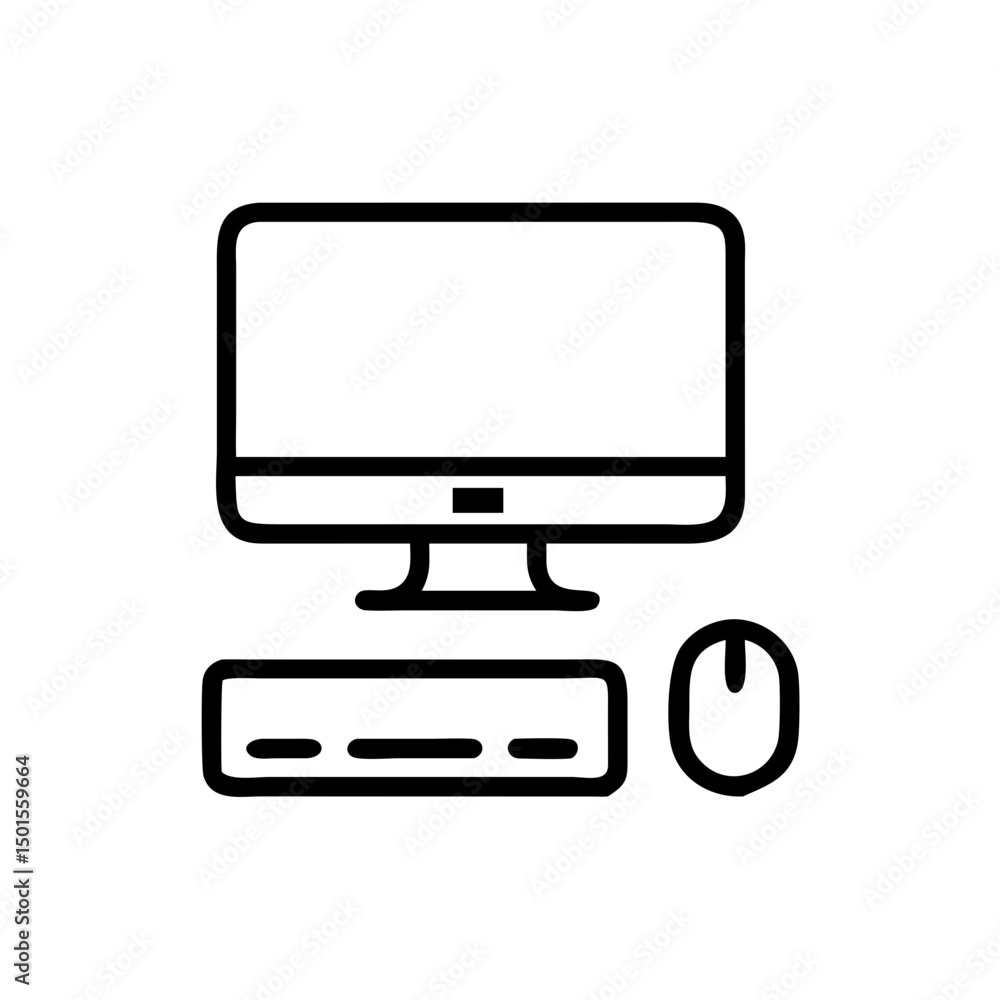 Poster minimalist line art desktop computer with keyboard and mouse icon illustration