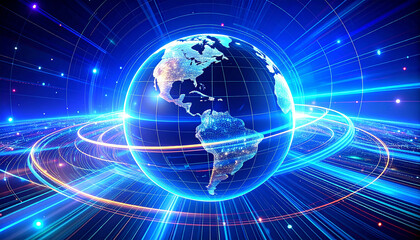 Fototapeta premium Global Network: A vibrant and dynamic image illustrating the interconnectedness of our world through a network of digital lines and luminous energy.