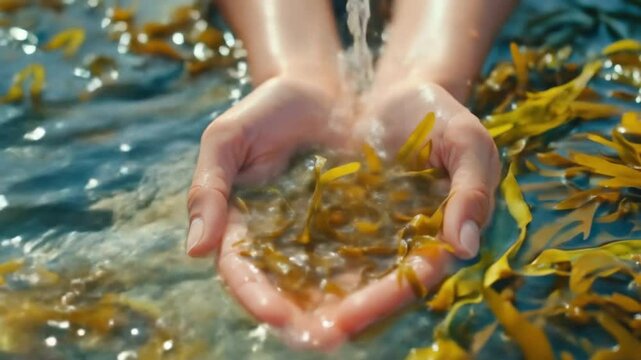 hands gently holding fresh green seaweed above clear ocean water, symbolizing nature, wellness, and sustainability in a serene marine environment.