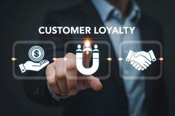 Building Customer Loyalty and Brand Trust – Businessman Interacting with Virtual Icons for Engagement, Satisfaction, and Retention