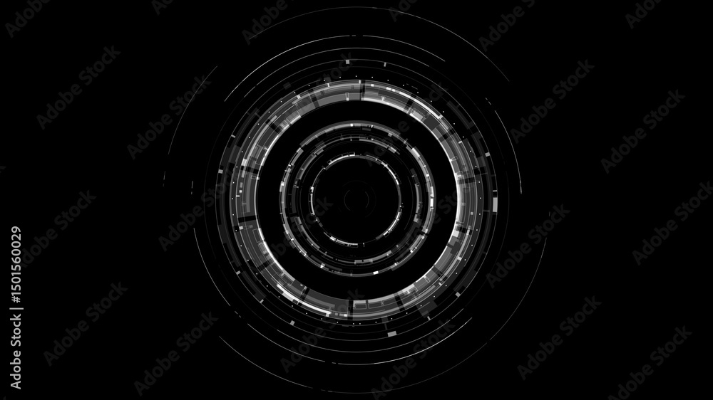 Poster high-tech circular hud design with concentric digital rings and abstract data patterns, ideal for te
