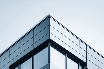Close-up of modern building corner with reflective blue-tinted glass panels