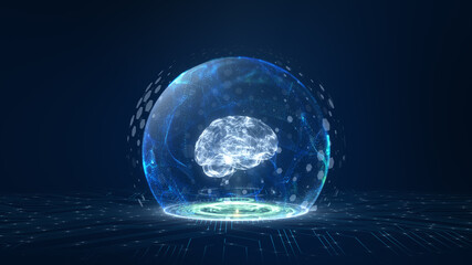 3D digital brain hologram surrounded by glowing data and circuitry in a high-tech virtual reality environment, ideal for AI and technology concepts.