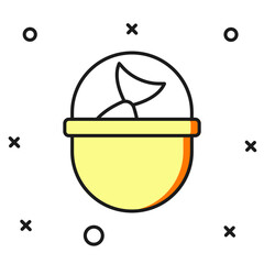 Filled outline Fishing bucket with fish icon isolated on white background. Fish in a bucket. Flat filled outline style with shadow. Vector
