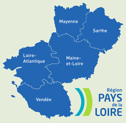 Carte Région Pays de la Loire, Loire-Atlantique, Maine-et-Loire, Mayenne, Sarthe, Vendée