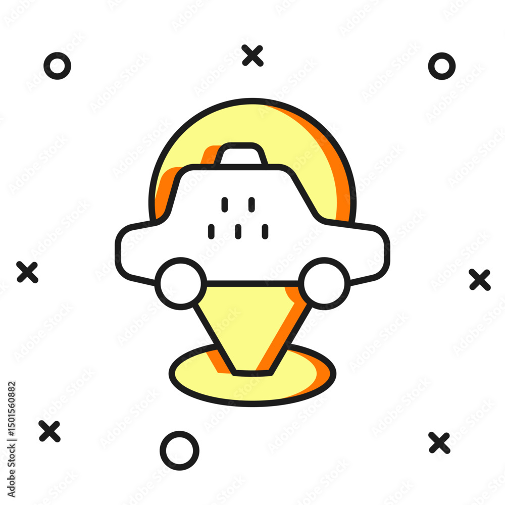 Poster filled outline map pointer with taxi car icon isolated on white background. location symbol. flat fi