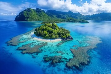 This aerial view showcases a beautiful tropical island with lush green vegetation nestled in crystal-clear turquoise waters, surrounded by colorful coral reefs under bright blue skies