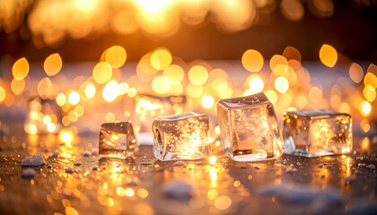 Ice Cubes Sparkling with Golden Light Bokeh