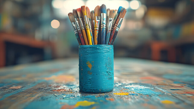 Artistic expression: A collection of paintbrushes in a vibrant workspace setting - Powered by Adobe