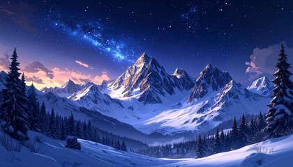 Snow Covered Mountain Range Under A Starry Night Sky, Astrophotography Style, Serene