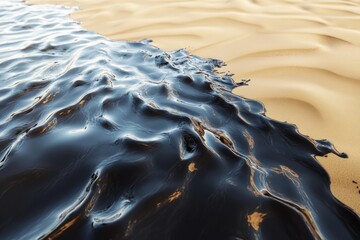 Crude oil fills the sandy beach with glossy black spills, creating intricate ripples in the natural texture and emphasizing the environmental damage caused by pollution
