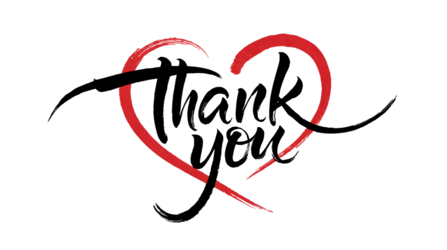 Beautiful calligraphic "Thank you" in black ink on white background, enclosed in a red heart silhouette, elegant and heartfelt design