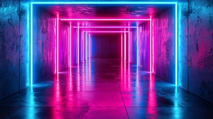 Neon-lit corridor with vibrant pink & blue glowing lines reflecting on a wet floor