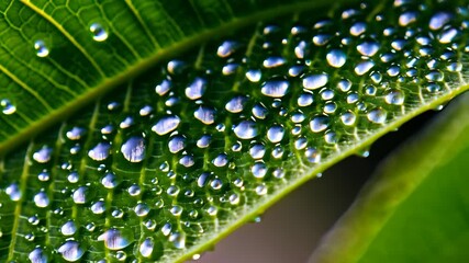 Close-up of vibrant green leaf covered in sparkling water droplets creating natural abstract beauty. - Powered by Adobe