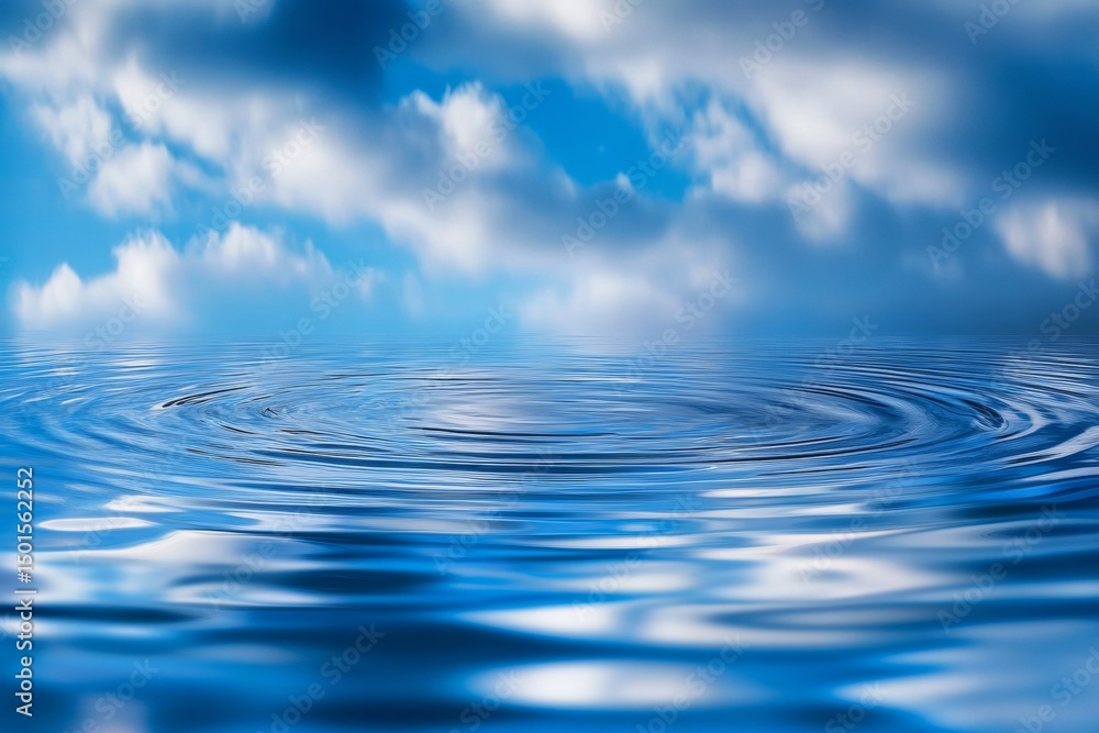Poster captivating ripples form in calm water while reflecting a vibrant blue sky adorned with soft clouds.