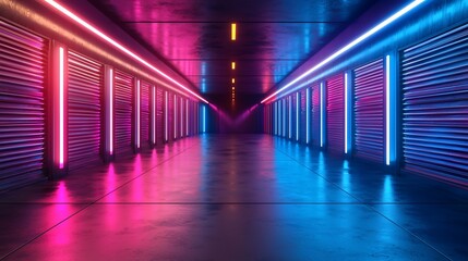 Neon-lit corridor with reflective floor and metallic doors