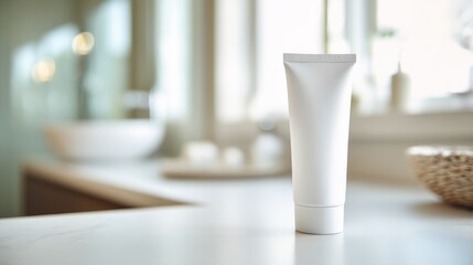 White cosmetic tube standing on clean bathroom counter in soft natural light with minimal background ideal for skincare branding, cosmetic packaging mockups and wellness product visuals