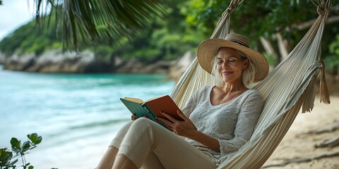 Relaxed woman reading book in hammock by ocean
